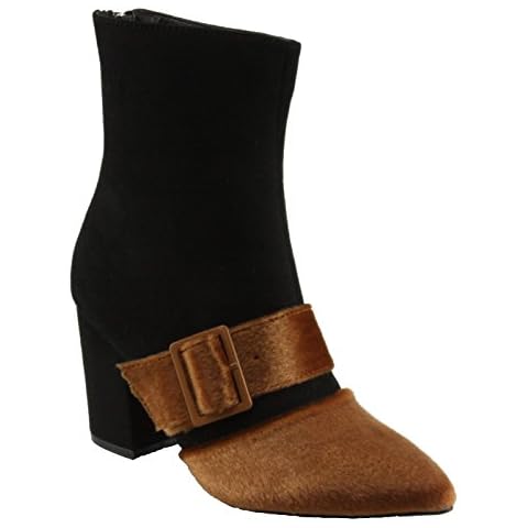 MackinJ Women's Faux Suede/Fur Two Tone Pointed toe Block High Heel Ankle Dress Boots(152-7) (7.5, Black/Camel) Cover