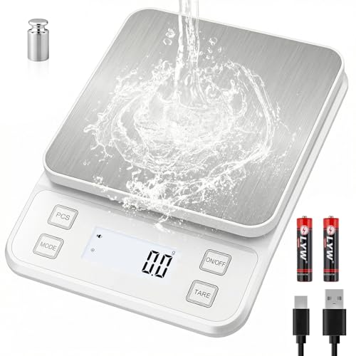 防水はかり[Type-C充電/電池-10KG/0.1g] Diyife 洗えるキッチンスケール 、ステンレス計量皿 、精度保証 、10単位風袋引き、分銅付き 、 充電ケーブル、日本語マニュアル付き 白