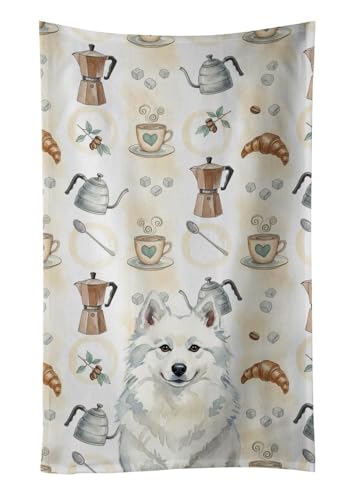 Caroline's Treasures American Eskimo Coffee Bar Kitchen Towel Velour Plush Front and Cotton Loop Back Machine Washable