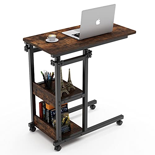 Tribesigns Snack Side Table, Mobile End Table Height Adjustable Bedside Table Laptop Rolling Cart C Shaped TV Tray with Storage Shelves for Sofa Couch (Retro Brown)
