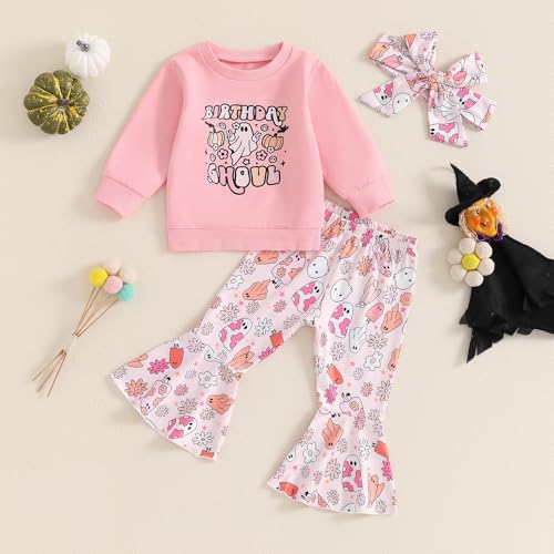 Kayotuas Toddler Baby Girl Halloween Outfit Pumpkin Ghost Sweatshirt Top and Bell Bottom Flare Pants Cute Fall Clothes Set2