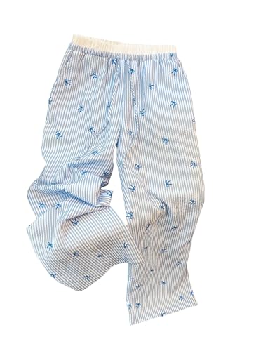 MakeMeChic Women's Summer Striped Bow Knot Print Pants Drawstring Waisted Straight Leg Trousers