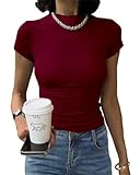 Abardsion Women's Casual Basic Knit Ribbed Tees 2024 Slim Raglan Sleeve Crewneck T Shirts Tops(Burgundy, S)