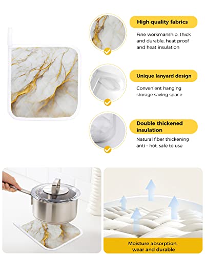 White Marble Stone Cracks Gold Stripe Kitchen Potholder Heat-Proof Pot Holders Wild Natural Abstract Granite Washable Potholders Hot Pad For Cooking Baking Bbq, Set Of 2 #TOP1