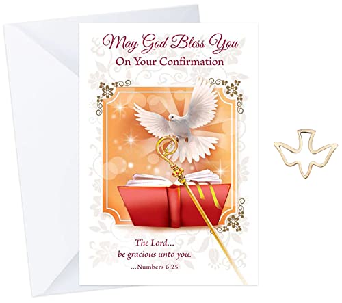 Confirmation Card - with Holy Spirit Lapel Pin | Confirmation Cards, Gold Plated Metal Dove Pin | 2 Items Set