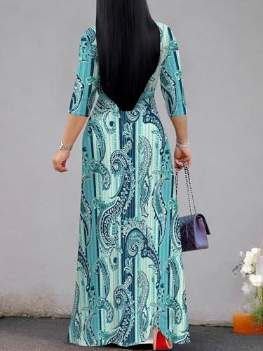 Image of PinkPatty Plus Size Maxi Dress for Women Casual V Neck 3 /4 Sleeve Boho Printed Long Dress with Pockets