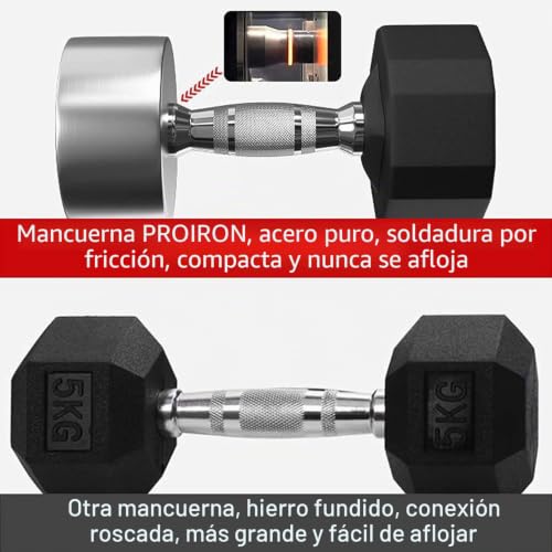 Miniatura 5 de Proiron Mancuernas Hexagonal 20 Kg - Pesas De Acero Recubiertas De Goma Para Musculación, Levantamiento De Pesas, Entrenamiento Vendo Par O Solo