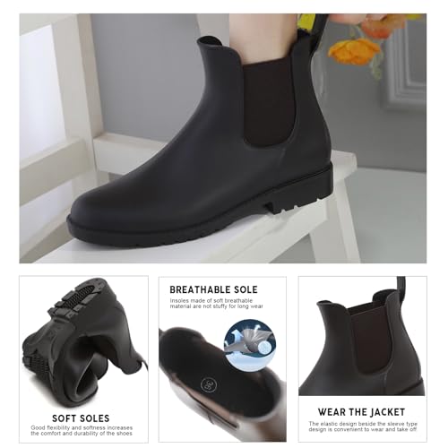 Acfoda Kurze Damen Gummistiefel Herren Regenstiefel Wasserdicht Lack Regen Schuhe Ankle Chelsea Boots Gummi Stiefel mit Blockabsatz Braun Gr.38