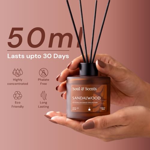 Image of Soul & Scents 50ml Sandalwood Reed Diffuser Set | Warm Woody Aroma of Creamy Sandalwood & Cedar | Get 5 Rattan Reed Sticks | Smoke Less Room Freshener for Home, Bedroom, Living Room & Office