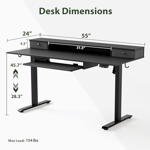 Image of Agilestic Electric Standing Desk with 2 Drawers and Keyboard Tray, 55 x 24 Inches Ergonomic Adjustable Height Desk with Storage, Sit Stand up Desk Computer Workstation, Black