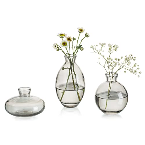 Bud Vases 3Pcs/Set Small Vases Handmade Cute Gray Small Vases for Flowers Centerpieces Glass Vases Mini Vase Home Decor Centerpieces, Events Table Decor