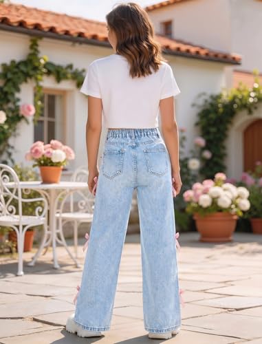 Image of Jeans for Girls Baggy Wide Leg Cute Bow High Elastic Waisted Denim Pants Y2K Boyfriend Skater Streetwear 7-14Y