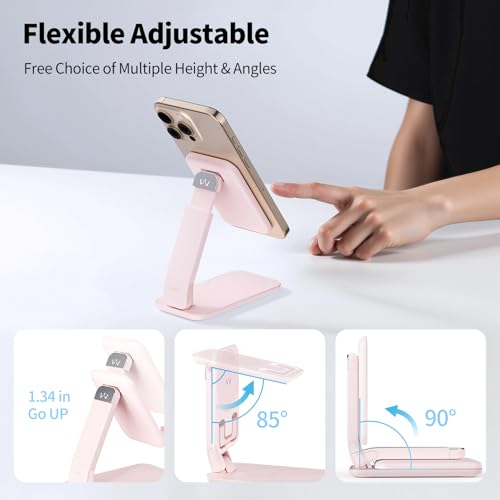 Image of iWALK Magnetic Cell Phone Stand for Desk, Angle and Height Adjustable Mobile Phone Holder, Foldable Magnet Stand for iPhone 17 16 15 14 13 12 Pro Max and iPad, Cell Phone Holder for Samsung, Pink