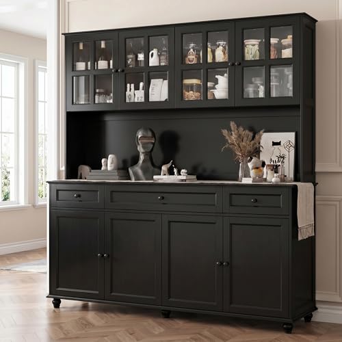 Loomie 71' Tall Kitchen Pantry Storage Cabinet, 63' Wide Kitchen Hutch Cabinet with Large Countertop, Tall Pantry with Drawers, Display Cabinets with Glass Door for Living Room