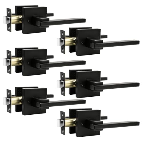 Image of Orger 6 Pack Square Interior Handle Bedroom Bathroom Privacy Lever Set, Matte Black Lock for Left & Right Side Doors, Modern Keyless Stainless Steel