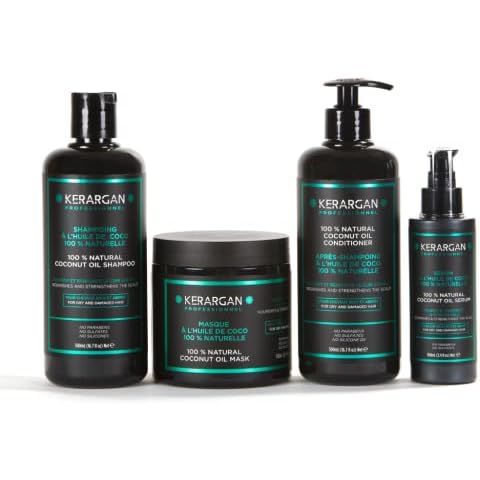 Kerargan - Shampoo, Conditioner, Mask and Serum Kit with Coconut and Argan Oil to Nourish Your Hair and Make Smoothing Easier - Dry Hair - No Sulphate, Parabens, Silicone - 500ml Cover