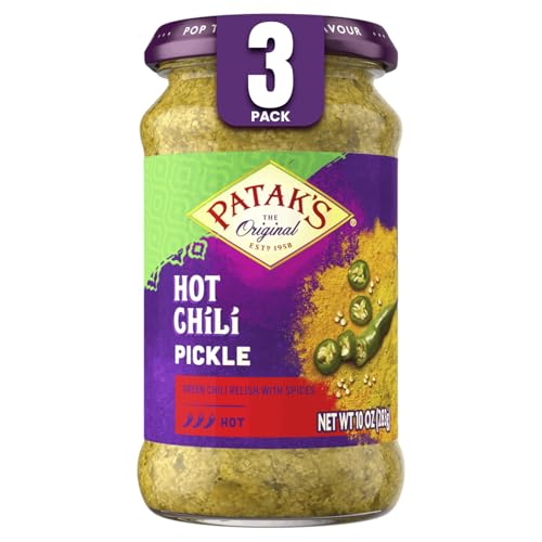 Patak’s Hot Chile Pickle - Authentic Indian Relish w/Green Chiles, Mustard Seeds & Aromatic Spices - Perfect for Sandwiches, Curries, Salads & Cold Meats - Vegan Spicy Pickle - 10oz Jar (Pack of 3)