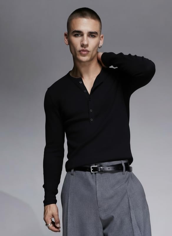 Image of FUGAZEE Black Ribbed Henley Long Sleeve T-Shirt for Men | Muscle Fit Ribbed Knit Tee with Crew Neck & Button Placket | Stretch Fabric Longsleeve Top | Structured Rib Texture