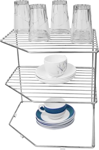 Image of Stainless Steel Multipurpose Kitchen Space Organizer Corner Shelf Rack Stand Holder, 2 Level Kitchen Storage Rack for Corners (NHSP)