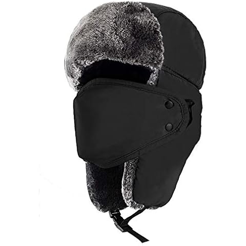 Mysuntown Unisex Winter Trooper Trapper Hat Hunting Hat Ushanka Ear Flap Chin Strap and Windproof Mask,Black,22-24 Inches ,One Size Fits All Cover