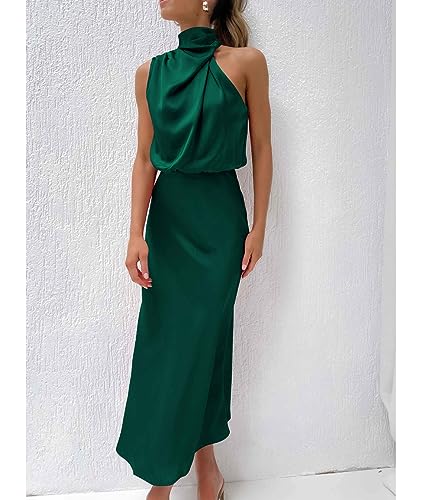 Image of Sexyshine Women's Elegant Halter Tie Neck Sleeveless Satin Long Dress Backless Split Cocktail Party Formal Wedding Maxi Dress