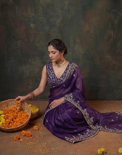 Image of SIRIL Women's Tissue Silk Scalloped Border Embroidery Saree with Unstitched Blouse Piece