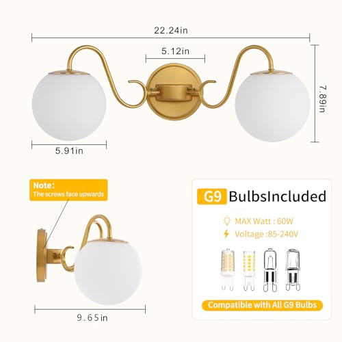Image of Vintage Brushed Gold Bathroom Vanity Light Fixtures Over Mirror 2 Lights