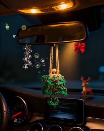 Image of ROFIGL Handmade Crochet Car Air Freshener - Crochet hanging holly plants with 12ml Empty Refillable Oil Diffuser Bottle, Green Car Accessory for Mirror Decor and Home Decor