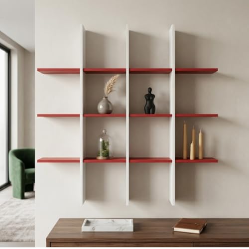Image of Modern Wooden Wall Shelf for Living Room & Bedroom - Decorative Wall Mounted for Books, Showpieces & Home Decor - Multi-Compartment Floating Wall Organizer RED & White
