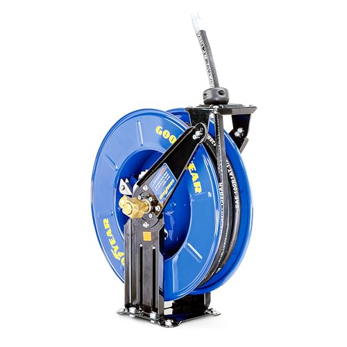 Image of Goodyear Oil Hose Reel Retractable 1 /2 inch Inch x 50' Foot Long Premium Commercial SAE 100R1AT Hose Max 2320 Psi Steel Construction Elite Heavy Duty Industrial Spring Driven Dual Arm and Pedestal