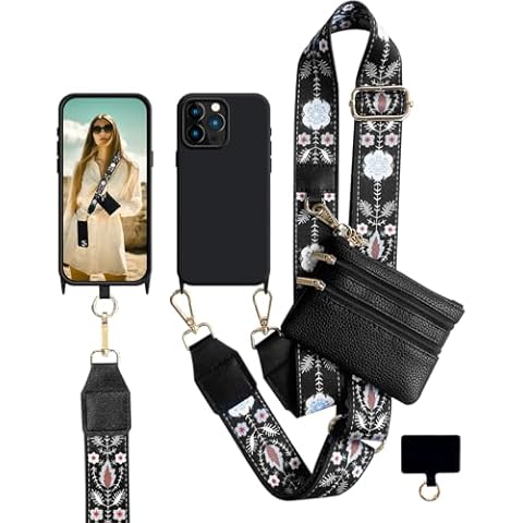 VooDirop Clip and Go Strap with Phone Case and Wallet Crossbody, Phone Strap with Zippered Pouch, Adjustable Cell Phone Lanyard and Wristlet for Women Compatible with iPhone 12 6.1" Black Cover