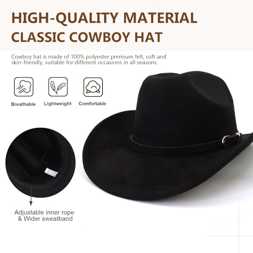 Image of Cowboy Hat Cowgirl Hat Men's & Women's Wide Brim Felt Fedora Hat with Buckle Belt Western Cowboy Hat for Women