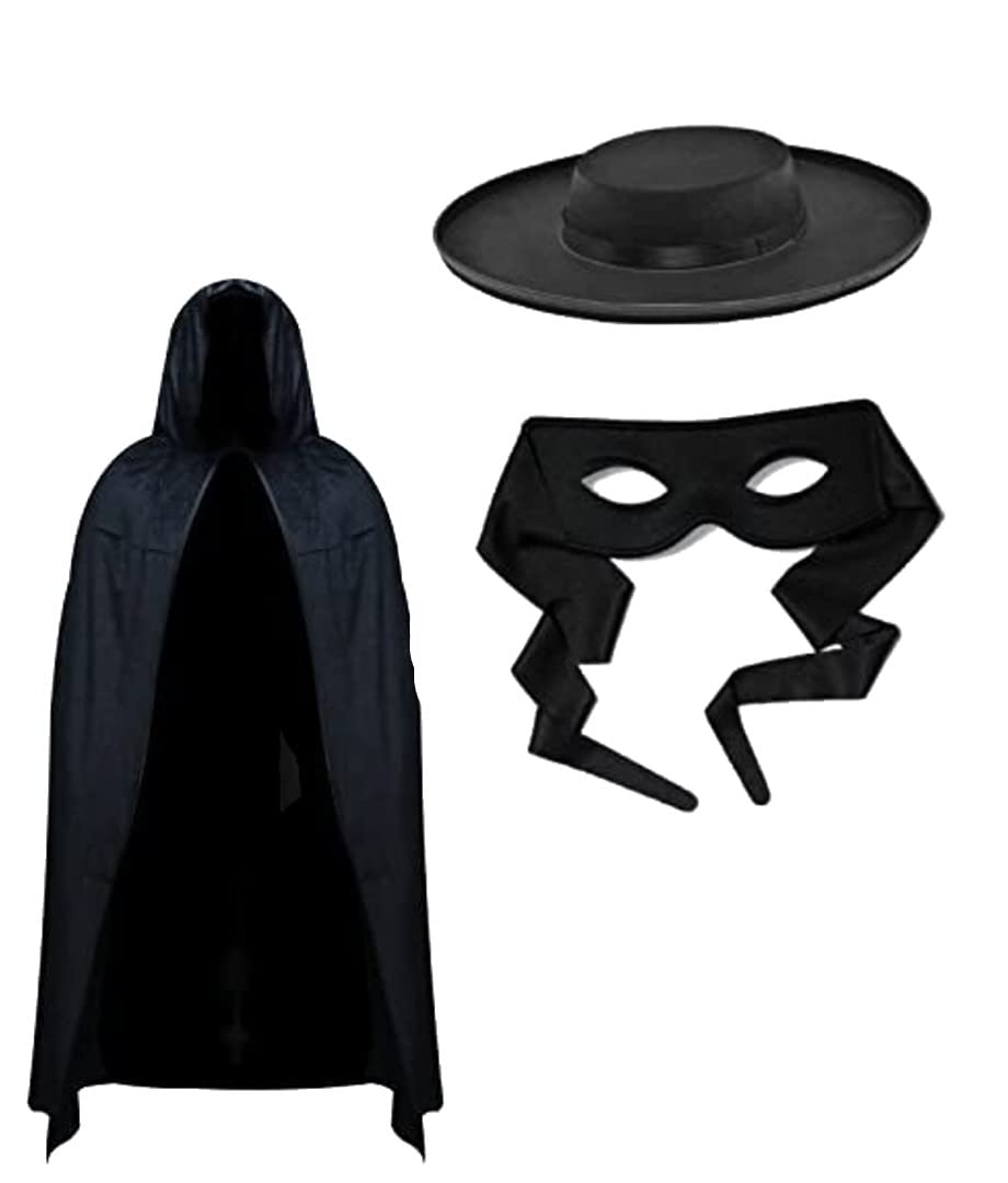 Royal Fashion Halloween Zorro Felt Hat Black Cape & Mask Costume Fancy Dress Set Men's Black Bandit Adult Spanish Assassin Party Fun Book Week Cosplay Outfits Superhero Zorro Villain