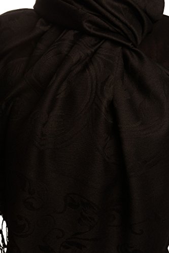 Châle pashmina noir feuilles de fougères grand format doux et chaud - 4