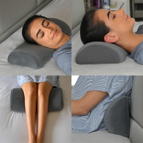 Image of CUSHIO Semi Roll Bolster Pillow | Memory Foam Half Moon Bolster Support Cushion for Neck, Back, Knees & Legs | Ergonomic Orthopedic Pillow with Soft Velvet Cover (Light Grey)