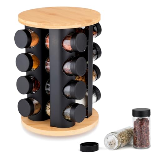 EliteHoff Gewürzkarussell Drehbar – Gewürzregal Schwarz mit Bambus (16 Gewürzdosen)