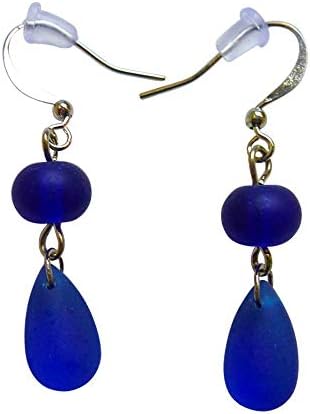 Blue Sea Glass Small Earrings 1 Inch Nautical Seaglass Dangling Young Ocean Hawaiian Beach Handmade Mermaid Tears Jewelry for Women and Girls Gift Under 20 Dollars