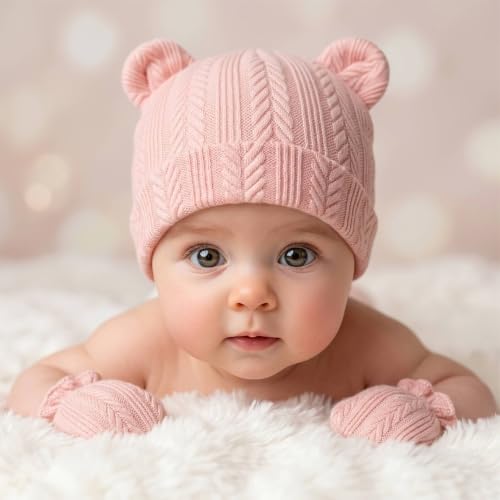 Image of BQUBO Newborn Baby Hats Bear Ears and Mittens Sets Preemie Caps Baby Boy Girl Infant Hospital Beanie for 0-3 Months