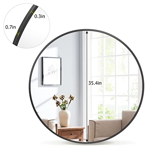 Image of VooBang Round Mirror 36 inch Black Wall Mounted Circle Mirrors Vanity Mirror with Aluminum Alloy Frame Modern Decoration for Bathroom, Living Room, Vanity, Bedroom, Entryway