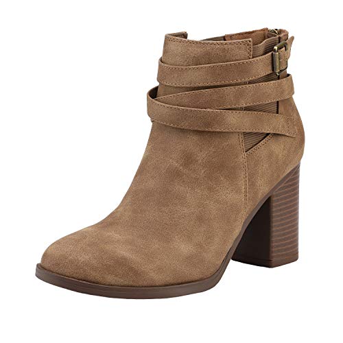 TOETOS Women's Chunky High Heel Ankle Boots Close Toe Fall Heeled Booties Shoes,Size 8.5,Tan,CHICAGO-03