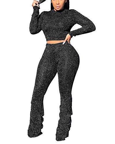 Sexy 2 Piece Outfits for Women - Long Sleeve Crop Top Stacked Leggings Set Tracksuit Small Black