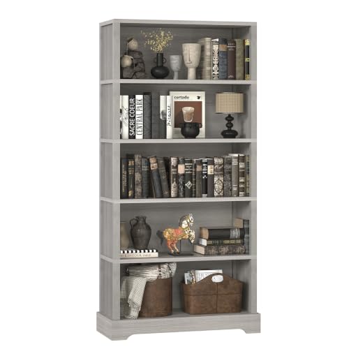 Image of TVU 5-Tier Wooden Bookshelf, 65 inch Tall Farmhouse Style Open Bookcase, 31.5 inch W Standing Book Shelf with Storage, Suitable for Study, Living Room, Office, Grey