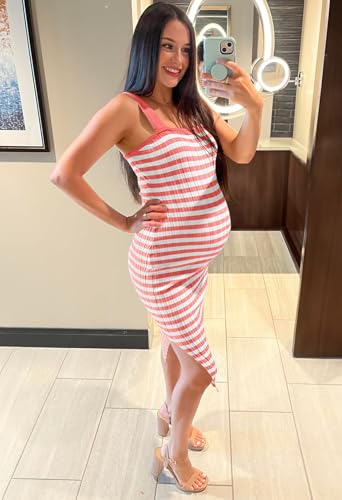 Image of MEROKEETY Womens Summer Striped Bodycon Ribbed Knit Midi Sweater Dress 2026 | Sleeveless Long Tank Dress, Soft, Stretchable, Maternity, Baby Shower, Gender Reveal, Bump Friendly, Beach, Vacation Outfit