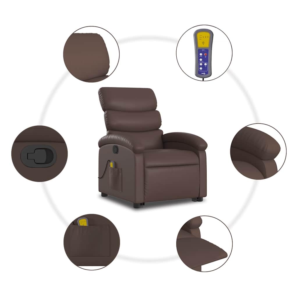 Sillón elevador reclinable con masaje de 6 puntos, función elevación eléctrica e inclinación manual hasta 135°, estructura estable de madera y metal, piel sintética