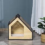 Pawhut Hundehütte aus Holz Indoor Katzenhöhle Katzenhaus Hundeschlafplatz mit Kissen Hundehaus Hundehöhle mit schrägem Dach für kleine Hunde bis 8 kg 60 x 40 x 59,2 cm