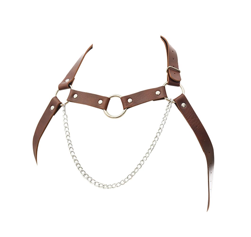 Leather Chest Harness Gothic Body Chain Belt Punk Shoulder Straps Ring Adjustable Buckle for Men Clubwear Costume, Brown, One Size