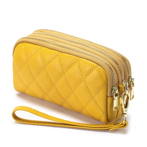 Genuine Leather Wallet for Women Wristlet Clutch Purse Quilted Purse Large Capacity Mobile Phone Pouch