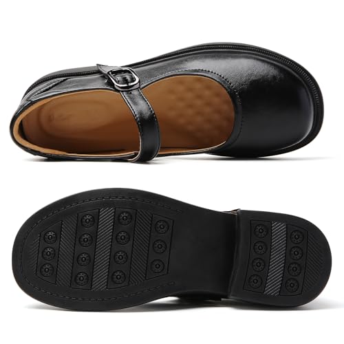 Image of Women Black Mary Jane Flats Non Slip Comfort Office Work Dress School Shoes | OKJ Women's mary janes flat Platform Comfortable maryjane patent leather Dressy Round Toe chunky Cute Shoes