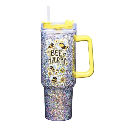 Spoontiques Bee Happy 40oz Acrylic Travel Mug - Double Wall Acrylic with Sliding Lock Travel Lid and Straw - 11" Tall