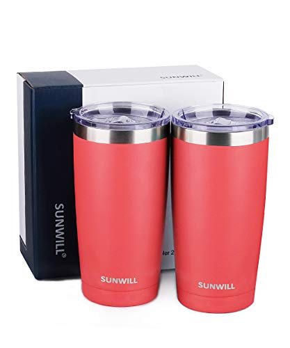 Image of SUNWILL 20oz Tumbler with Lid (Powder Coated Coral 2 pack), Stainless Steel Vacuum Insulated Double Wall Travel Tumbler, Durable Insulated Coffee Mug, Thermal Cup with Splash Proof Sliding Lid
